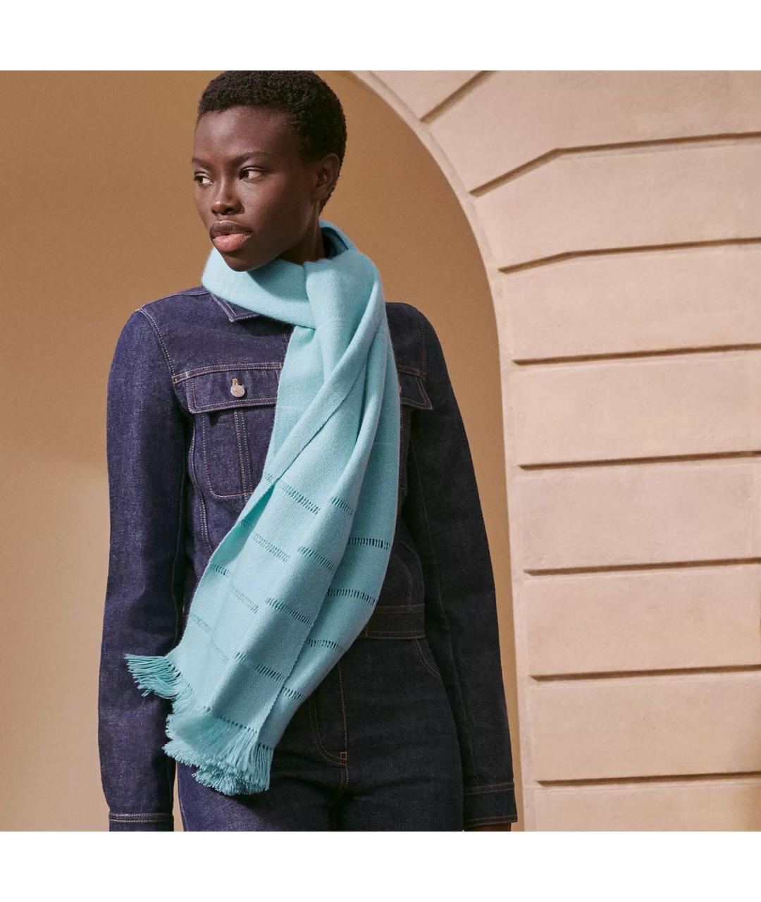 HERMES Голубой кашемировый шарф, фото 2