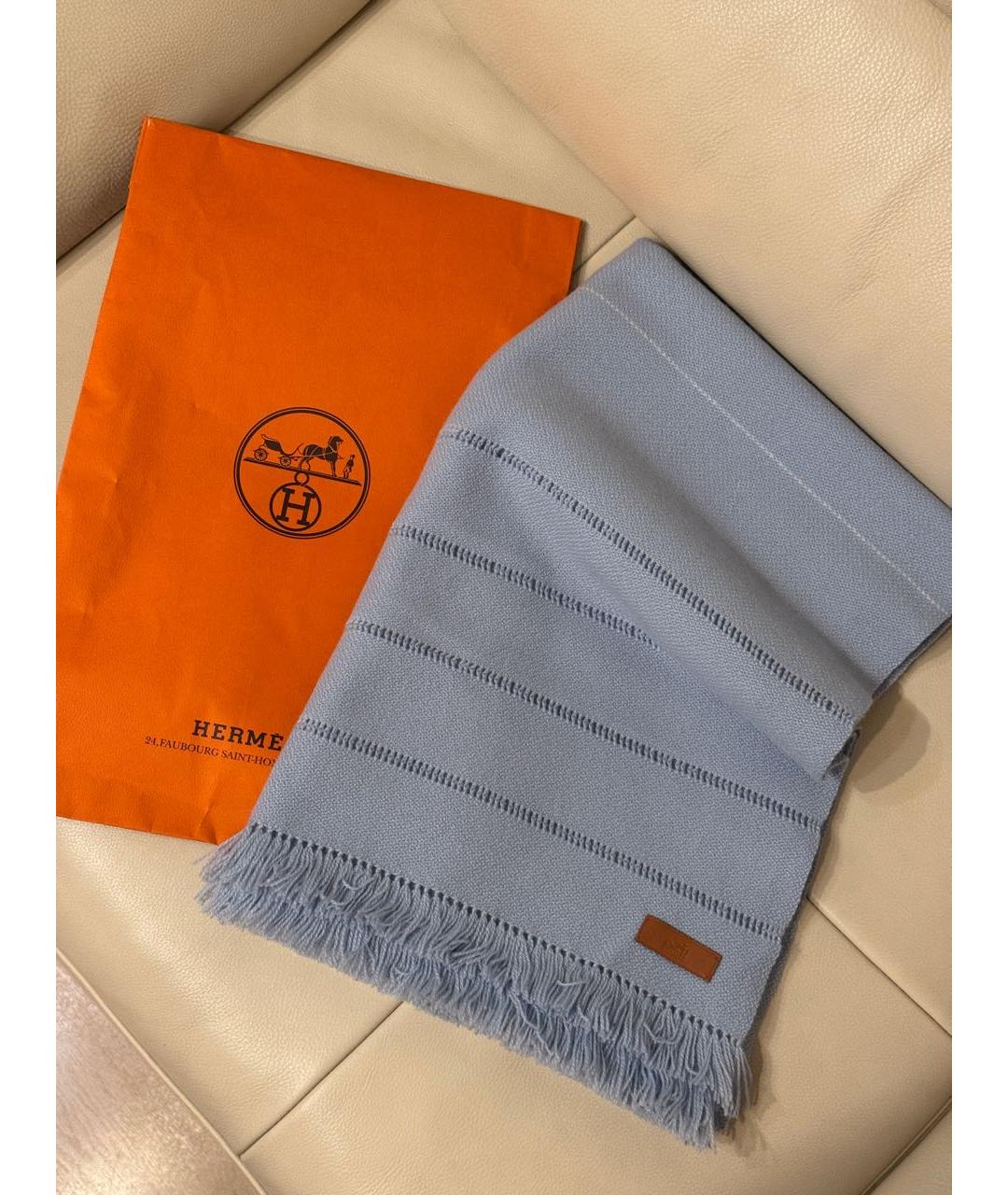 HERMES Голубой кашемировый шарф, фото 3