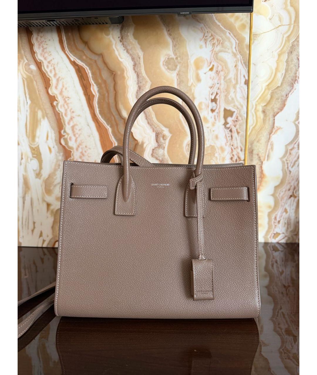 SAINT LAURENT Коричневая кожаная сумка с короткими ручками, фото 6