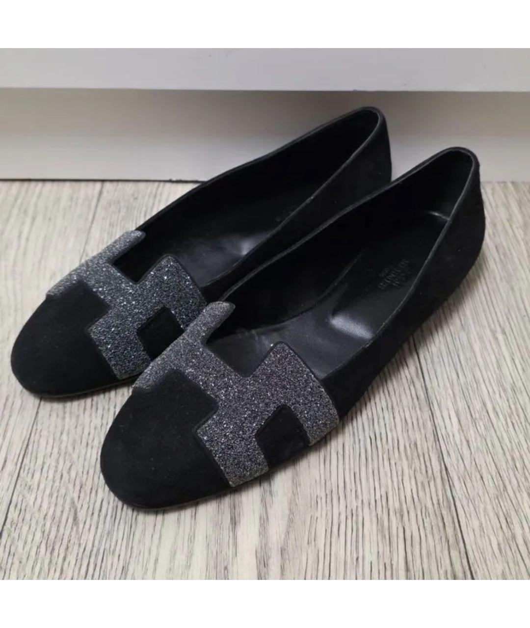 HERMES Черные бархатные балетки, фото 7