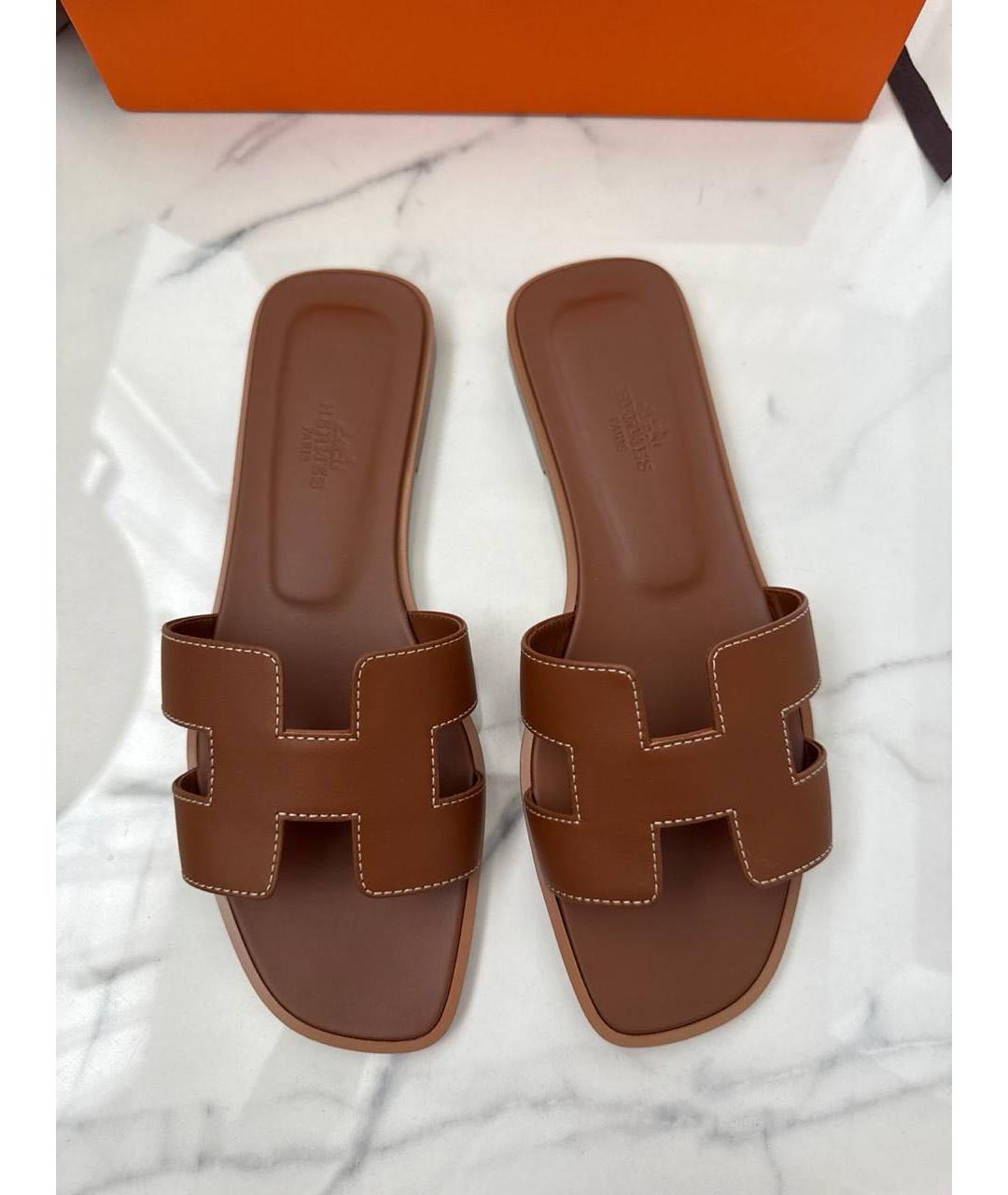 HERMES Коричневые кожаные сандалии, фото 2