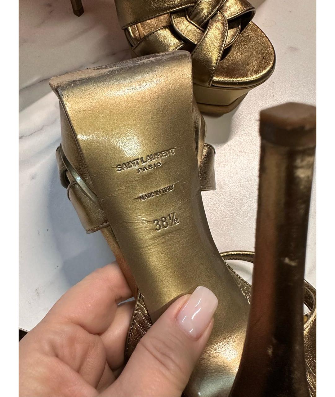 SAINT LAURENT Золотые кожаные босоножки, фото 5