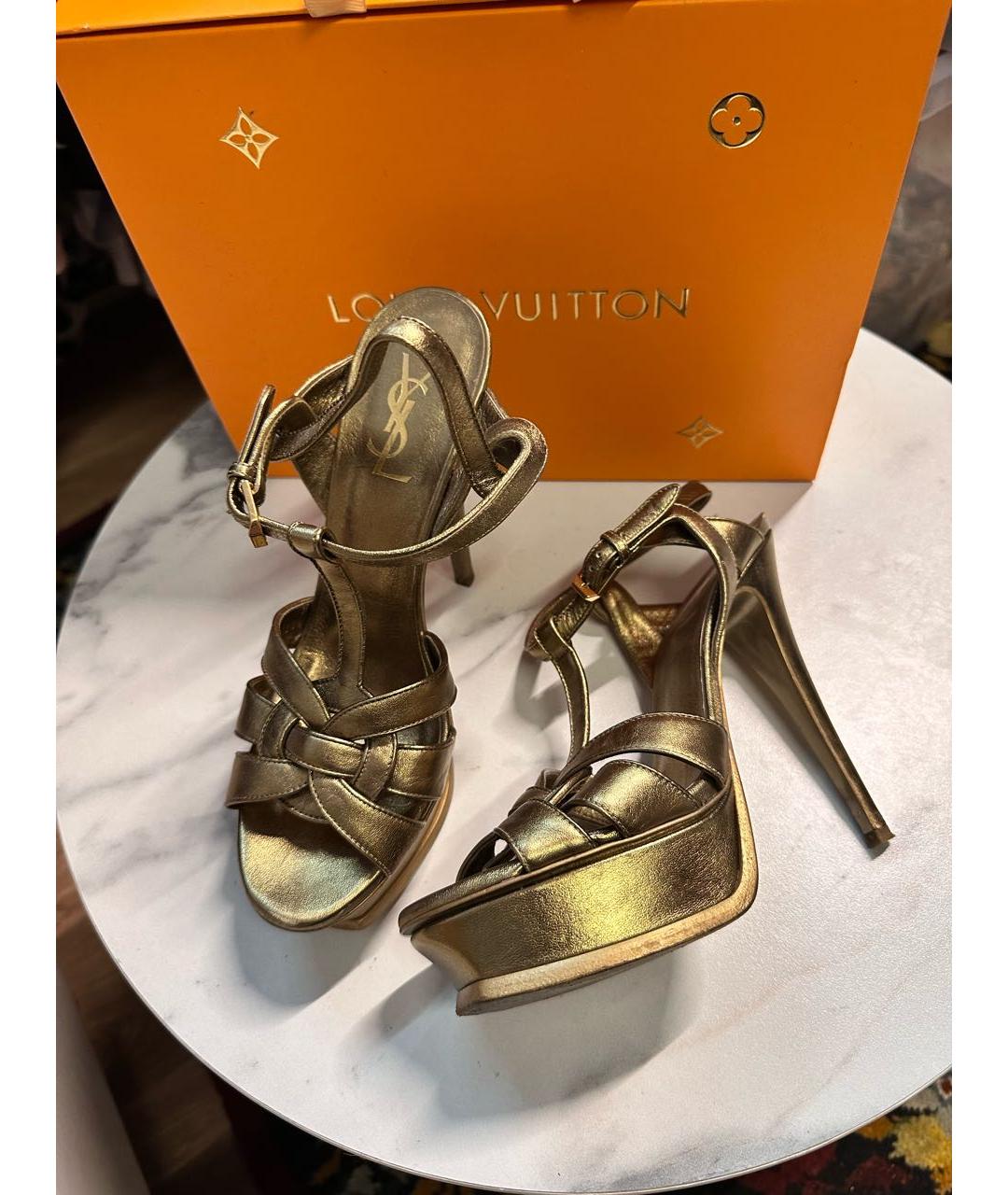 SAINT LAURENT Золотые кожаные босоножки, фото 7