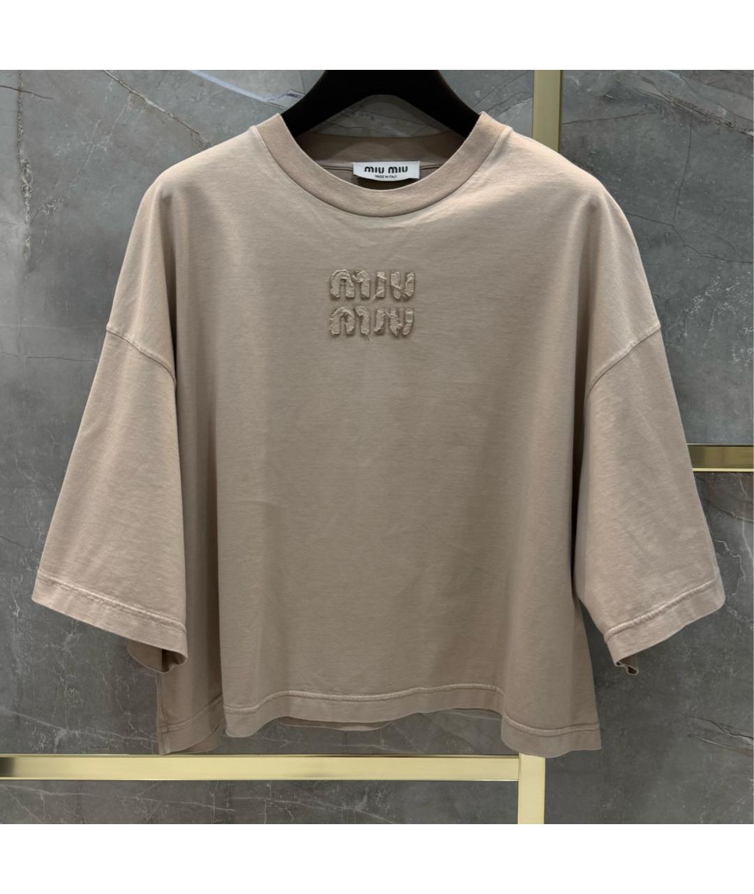 MIU MIU Бежевая хлопковая футболка, фото 3