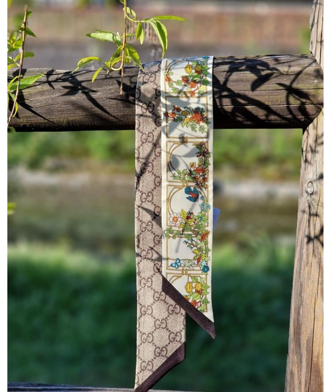 GUCCI Бежевый шелковый шарф, фото 3