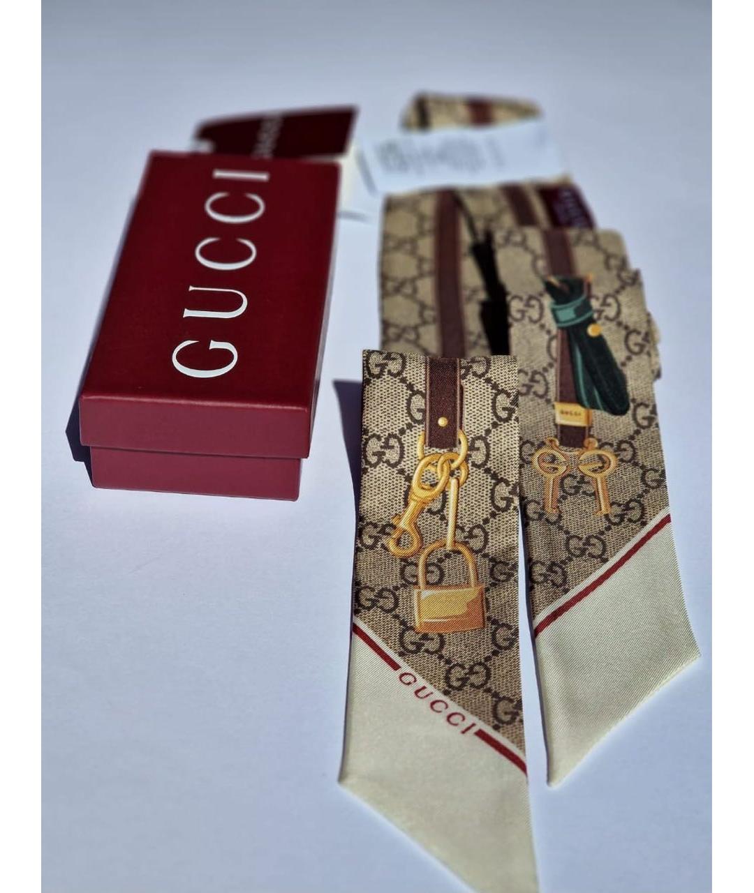 GUCCI Бежевый шелковый шарф, фото 2