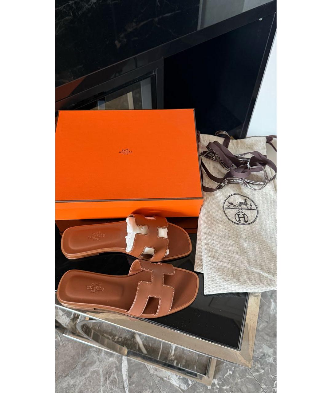 HERMES Коричневые кожаные шлепанцы, фото 5