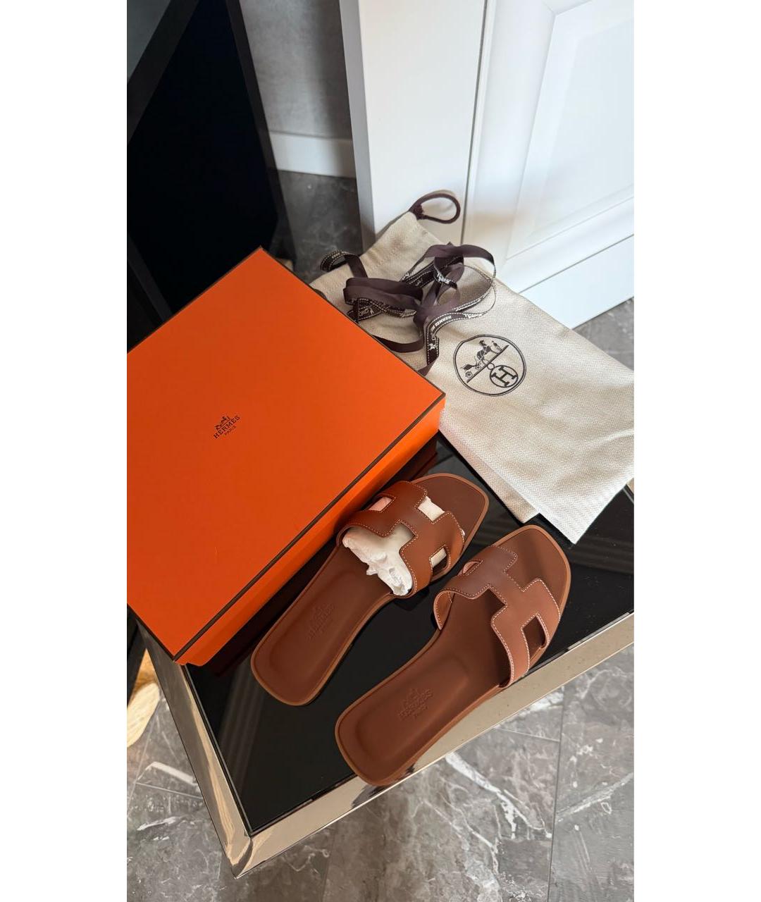 HERMES Коричневые кожаные шлепанцы, фото 4