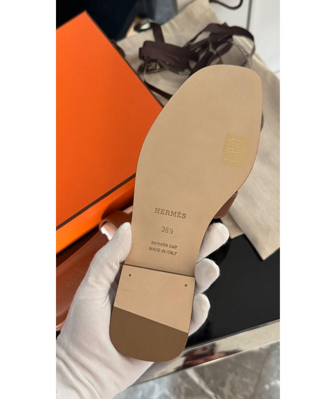 HERMES Коричневые кожаные шлепанцы, фото 7