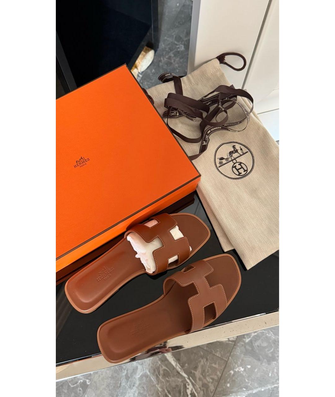 HERMES Коричневые кожаные шлепанцы, фото 6