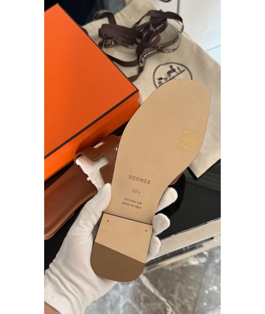 HERMES Коричневые кожаные шлепанцы, фото 8