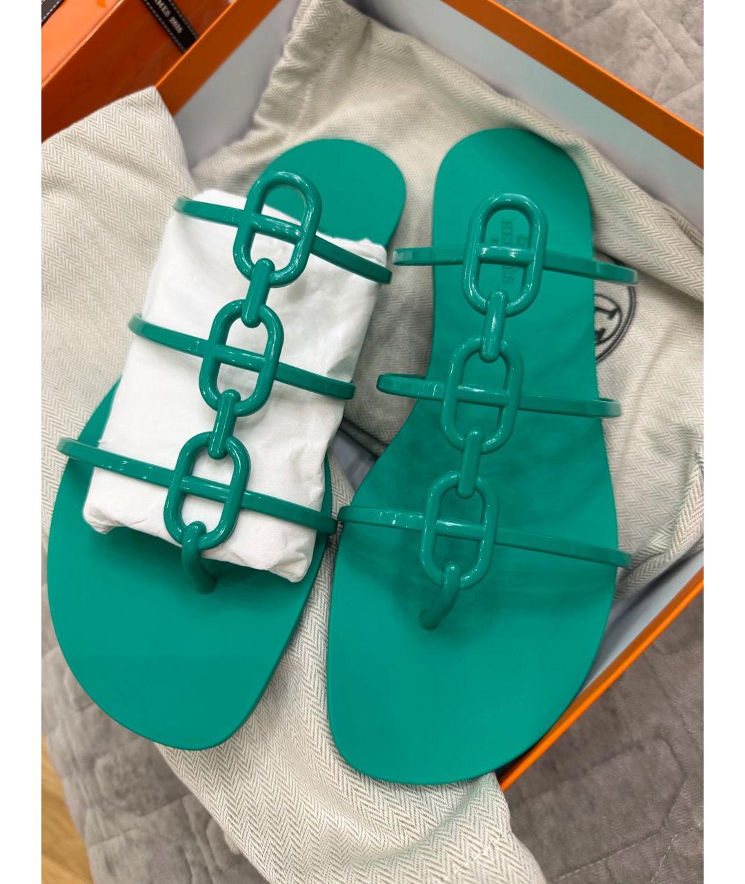 HERMES Зеленые резиновые сандалии, фото 4