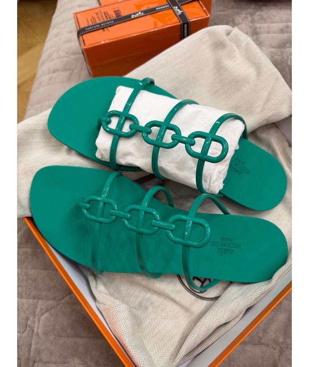 HERMES Зеленые резиновые сандалии, фото 2