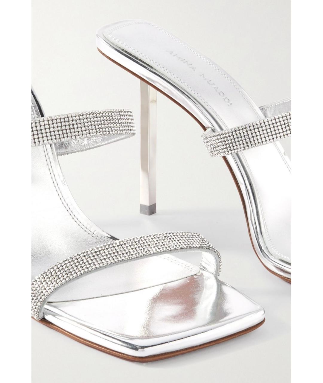 Amina Muaddi Серебряные кожаные мюли, фото 4