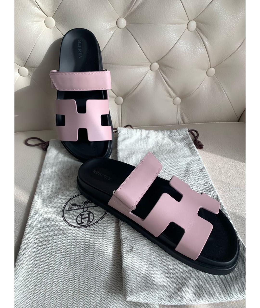 HERMES Розовые кожаные шлепанцы, фото 3