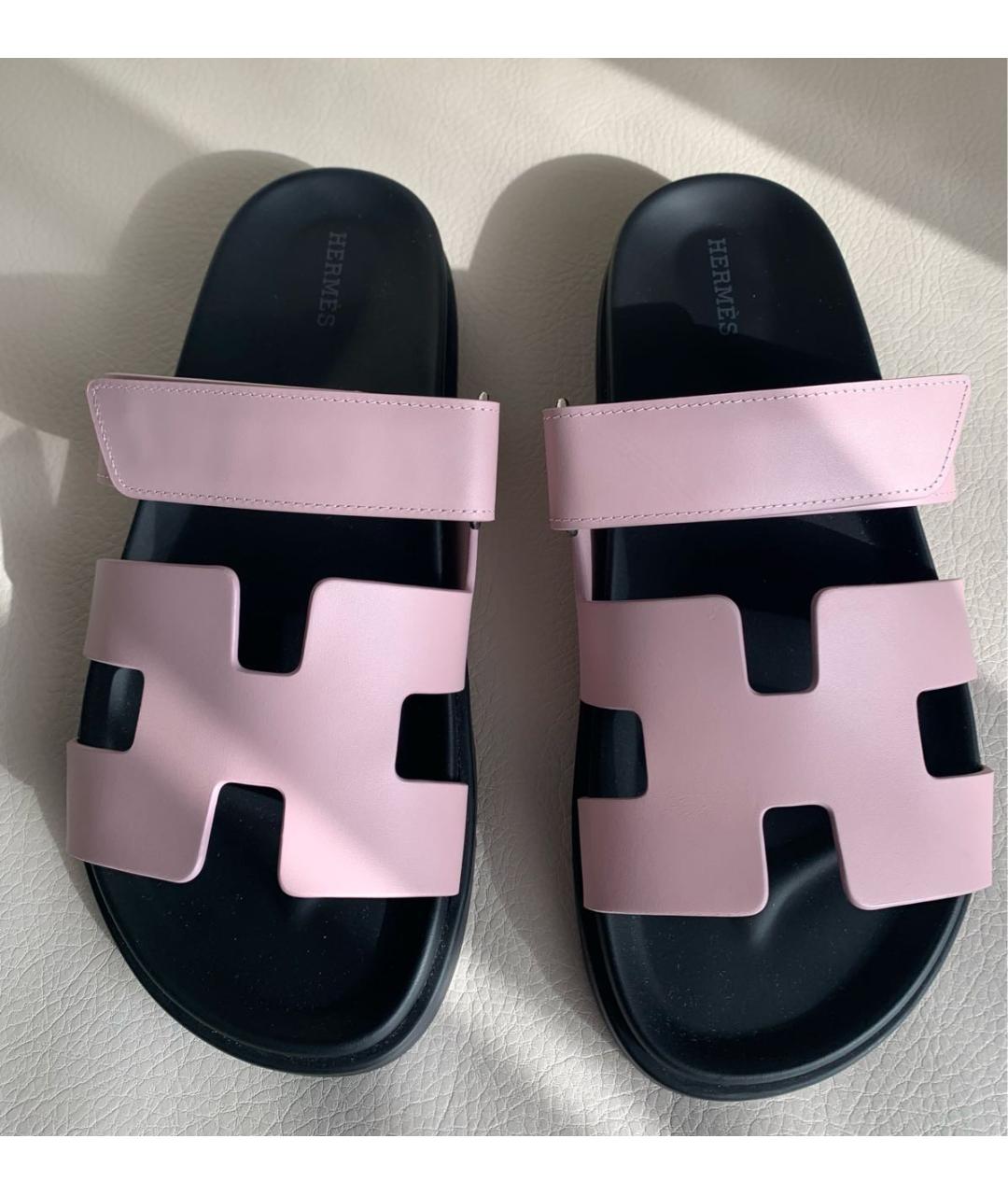 HERMES Розовые кожаные шлепанцы, фото 2