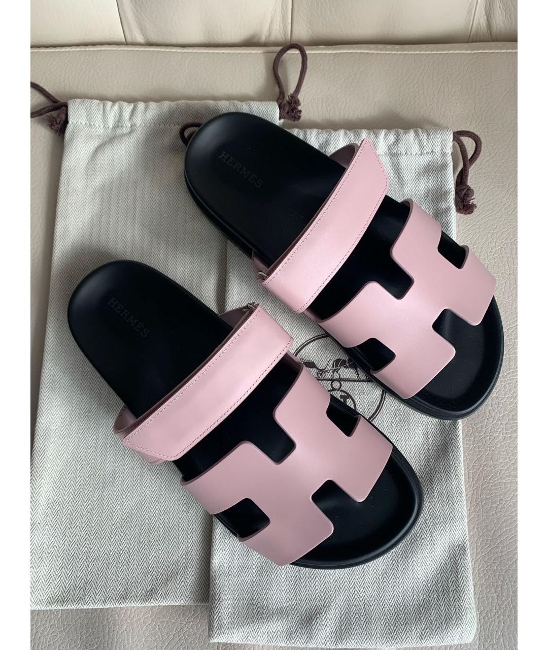 HERMES Розовые кожаные шлепанцы, фото 4