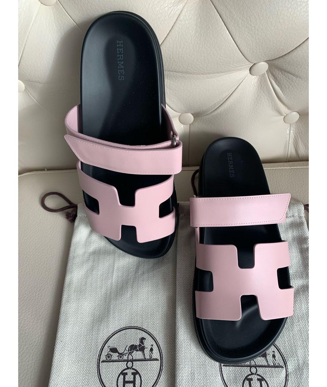 HERMES Розовые кожаные шлепанцы, фото 5