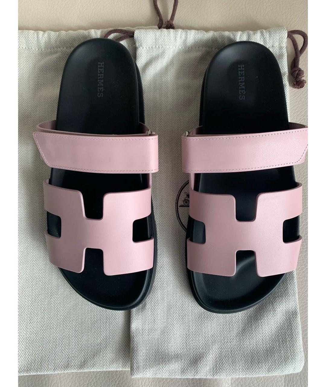 HERMES Розовые кожаные шлепанцы, фото 7