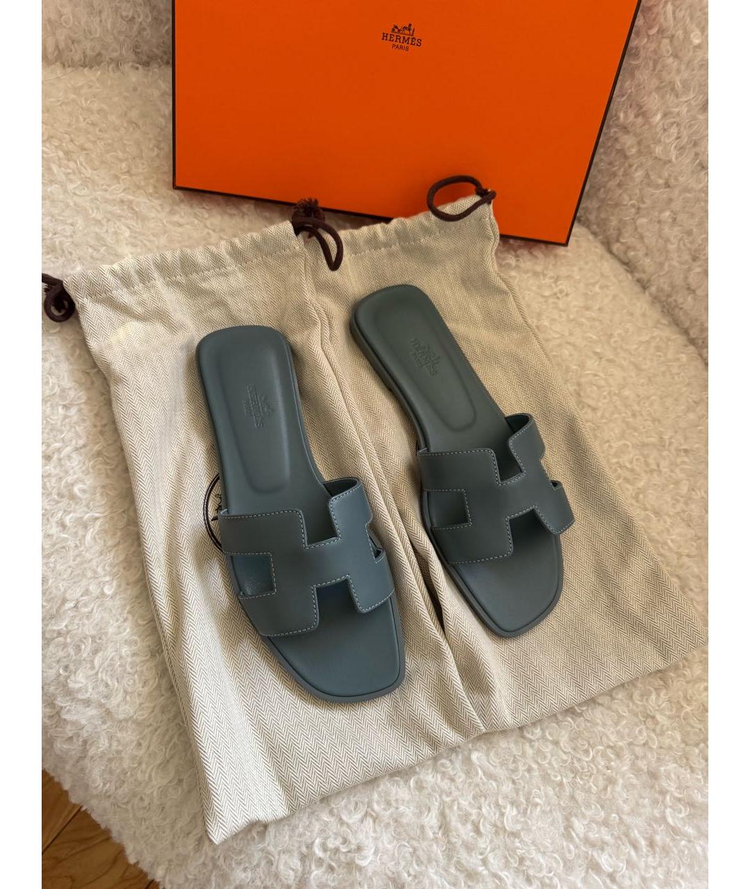 HERMES Голубые кожаные шлепанцы, фото 2