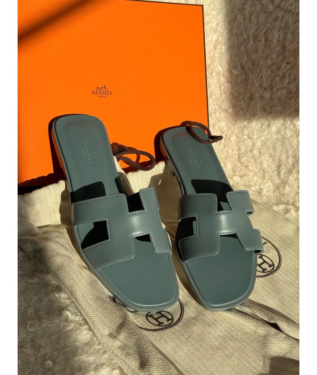 HERMES Голубые кожаные шлепанцы, фото 4