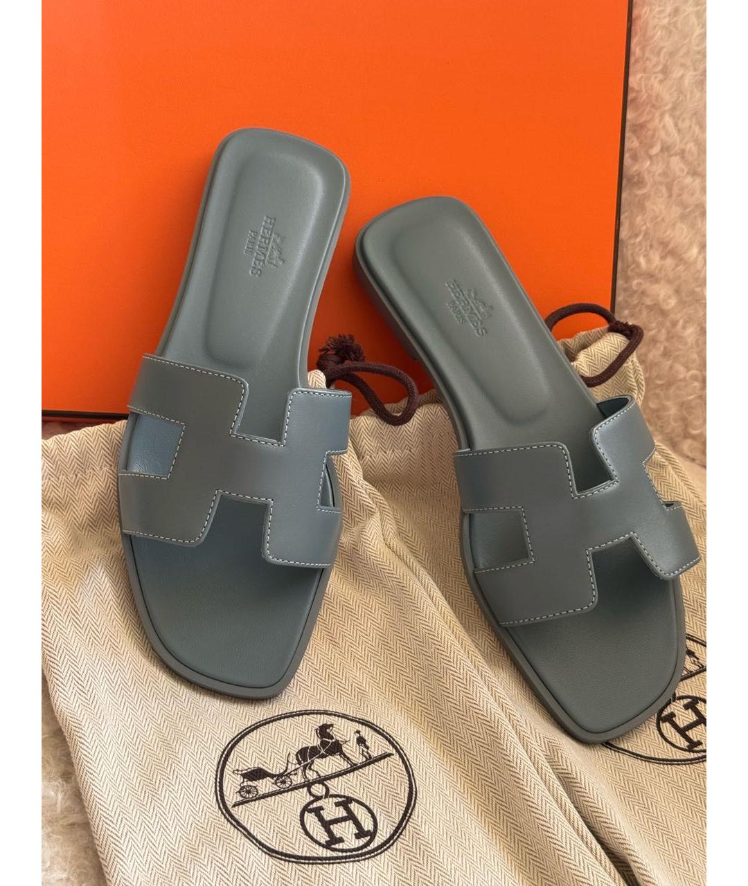 HERMES Голубые кожаные шлепанцы, фото 6