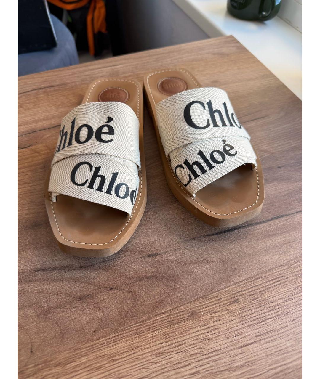 CHLOE Бежевые текстильные шлепанцы, фото 2