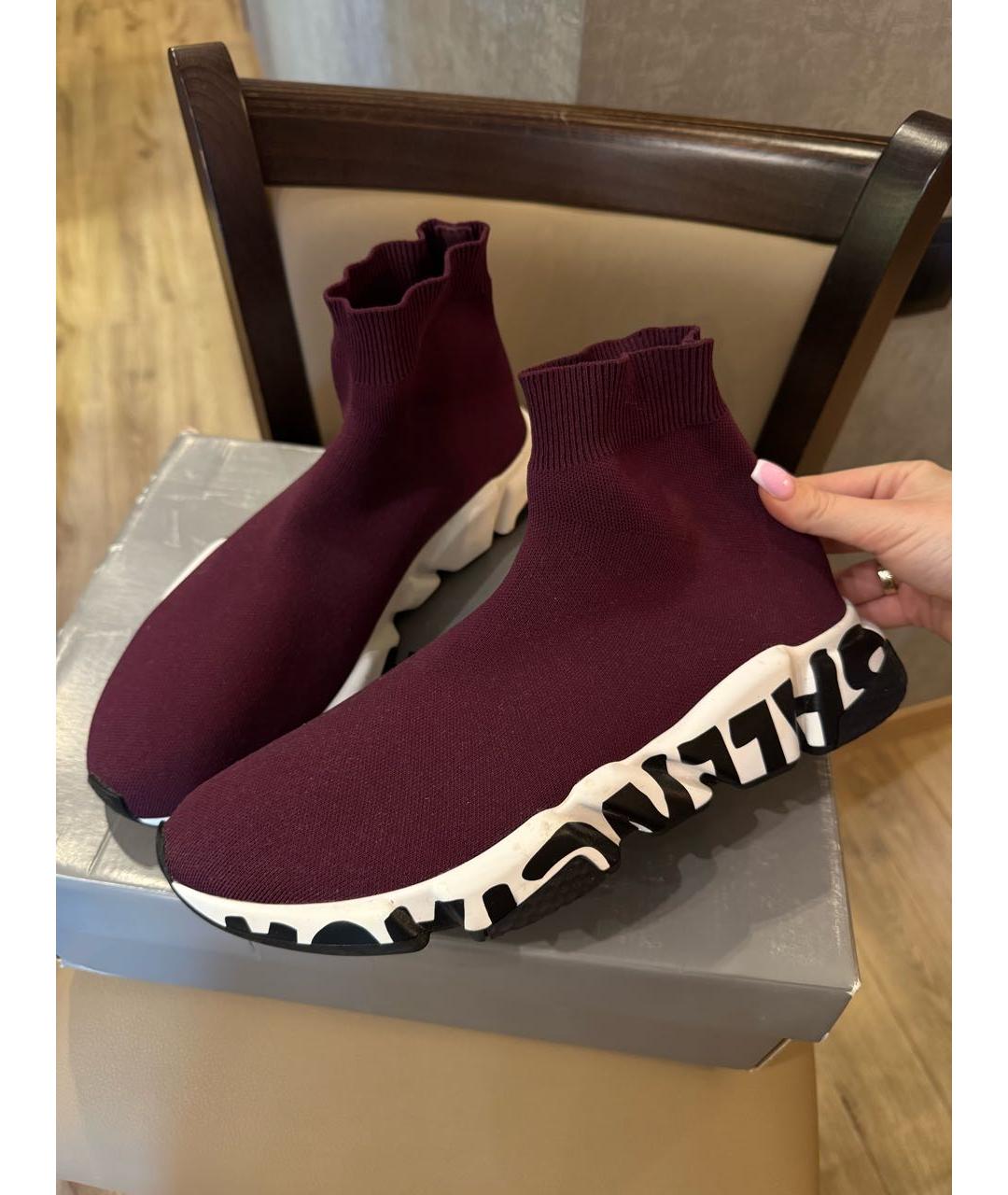 BALENCIAGA Бордовые текстильные высокие кроссовки / кеды, фото 2