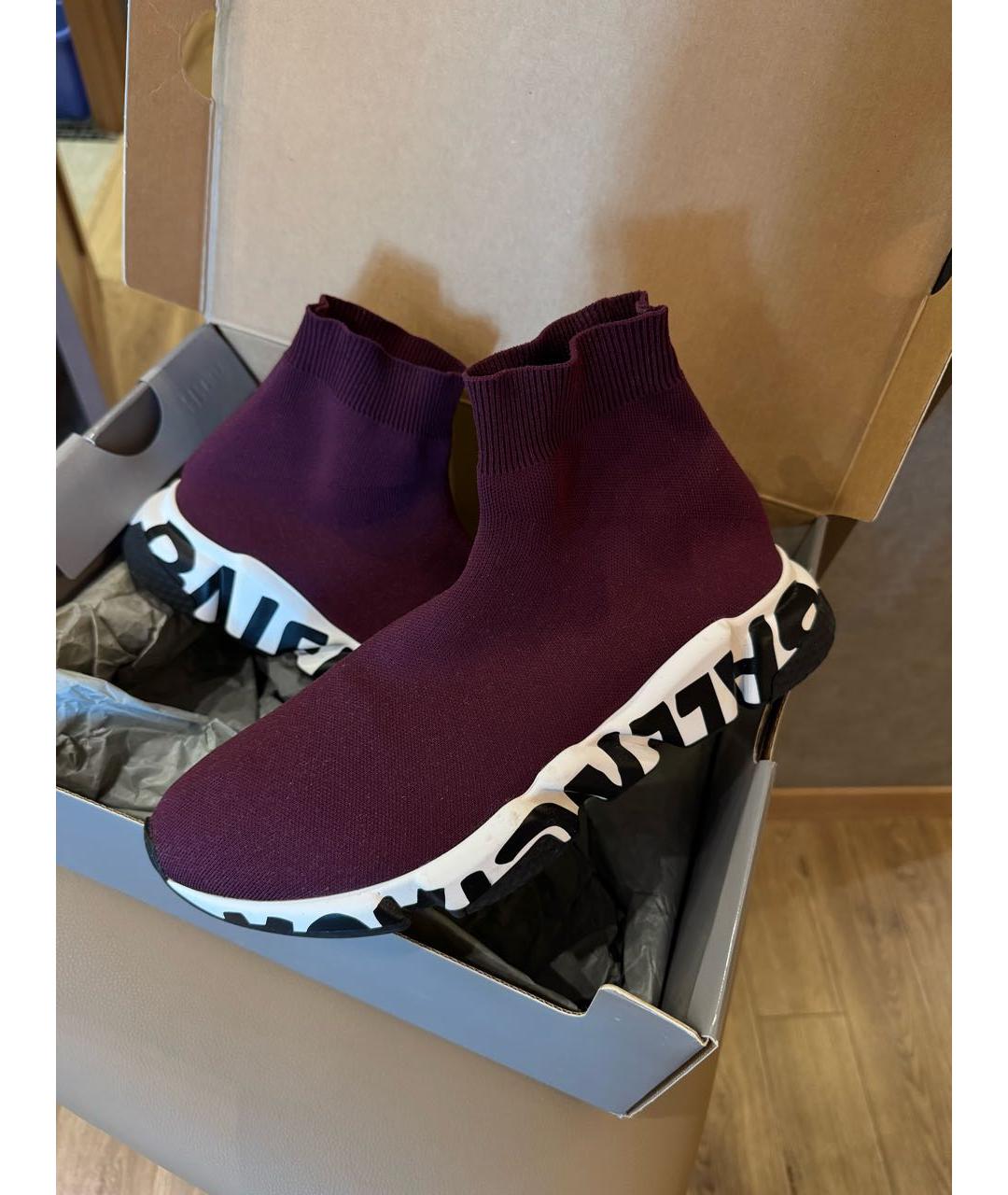 BALENCIAGA Бордовые текстильные высокие кроссовки / кеды, фото 6