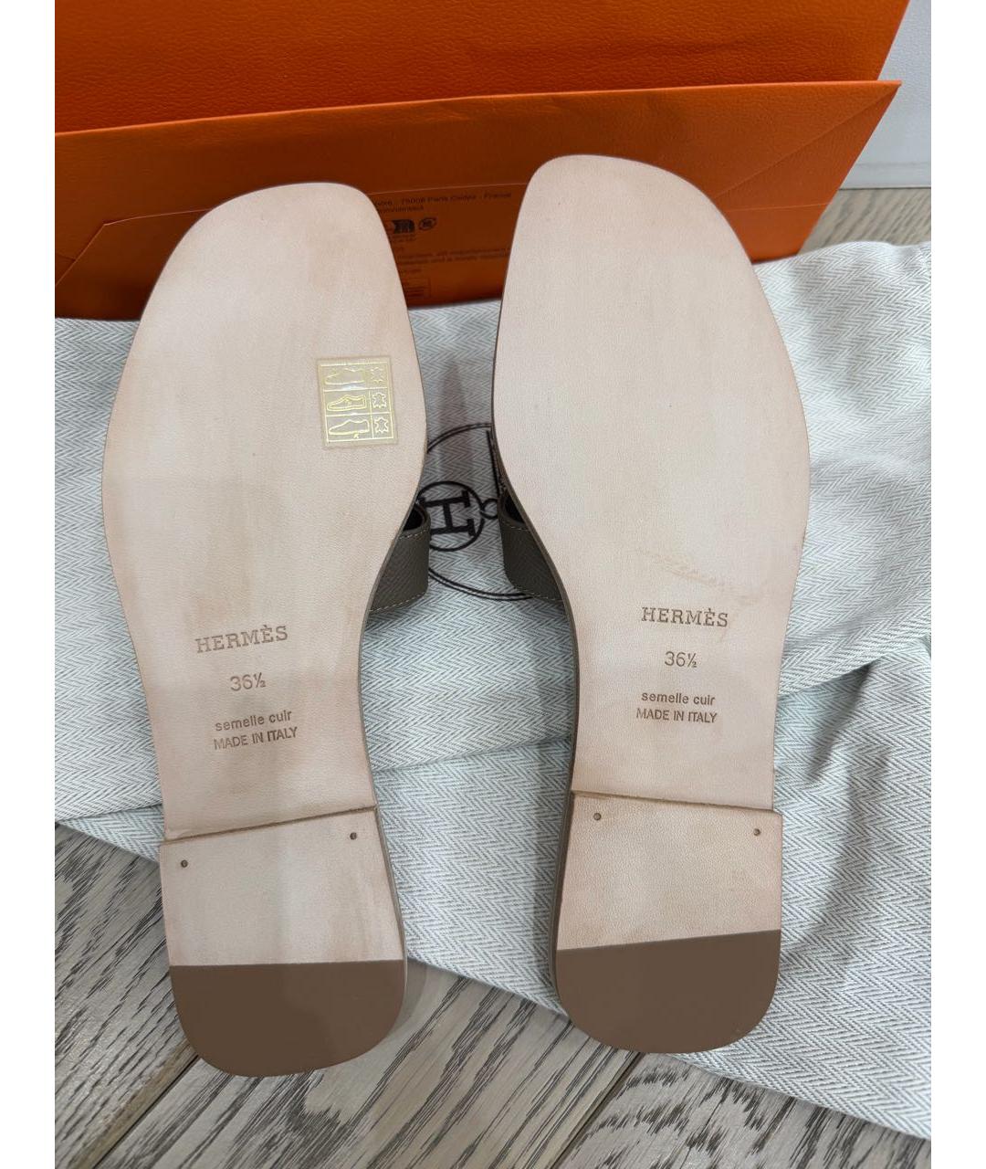 HERMES Серые кожаные шлепанцы, фото 5