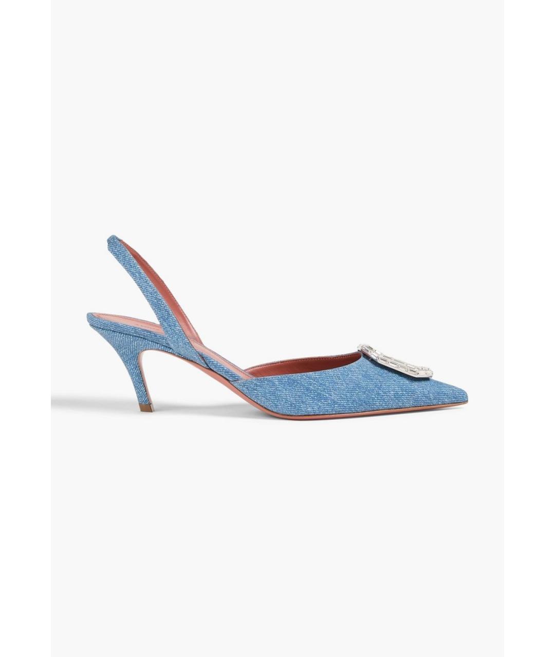 Amina Muaddi Голубые текстильные лодочки на низком каблуке, фото 5