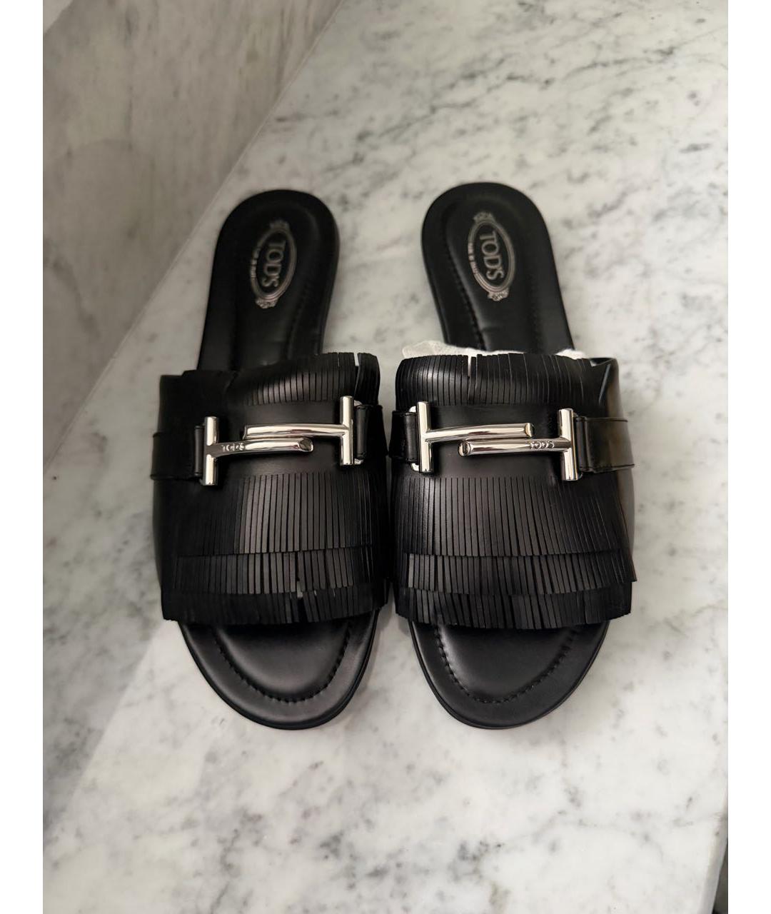 TOD'S Черные кожаные шлепанцы, фото 2