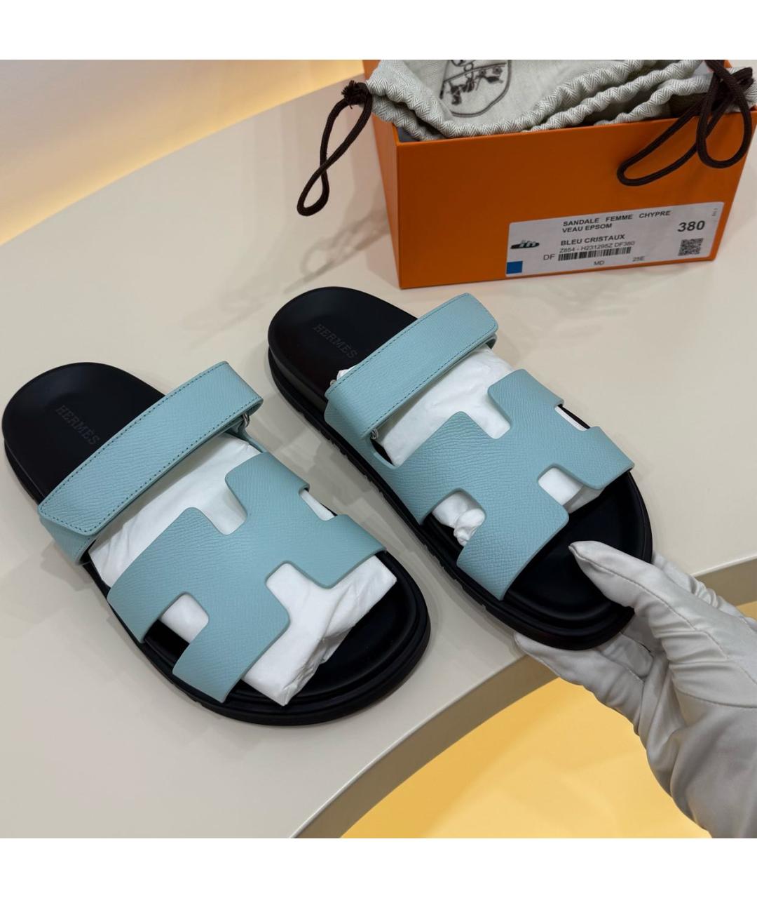 HERMES Бирюзовые кожаные сандалии, фото 4