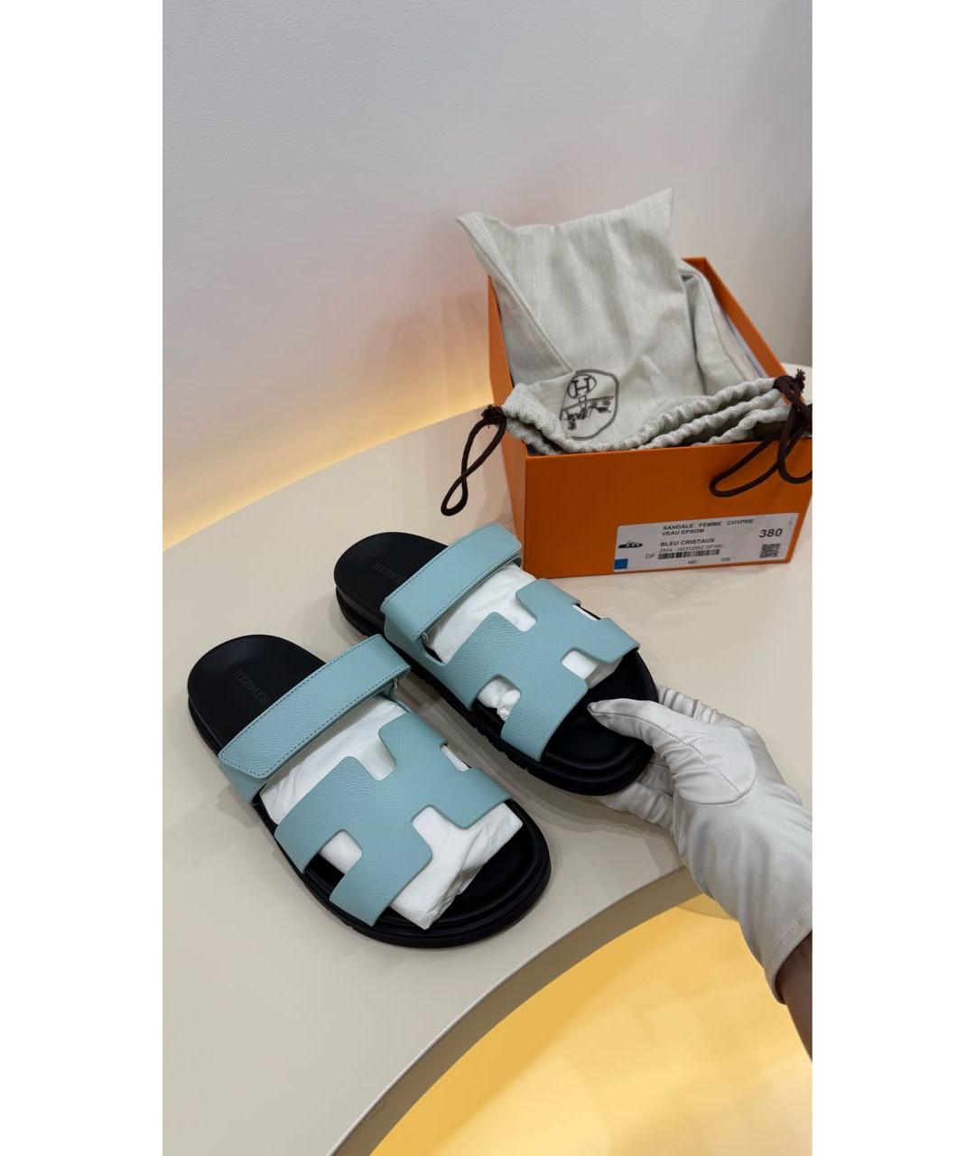 HERMES Бирюзовые кожаные сандалии, фото 3