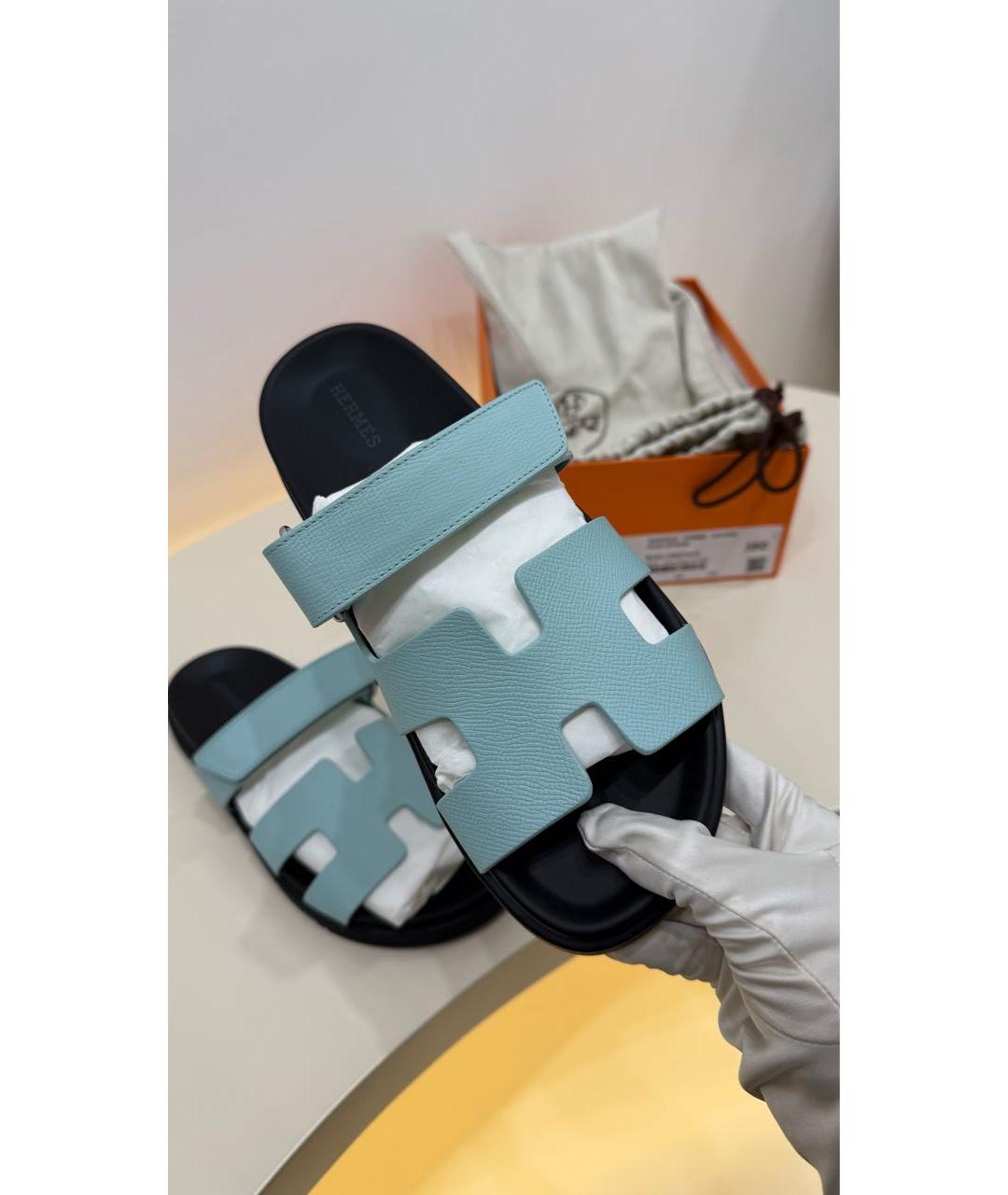 HERMES Бирюзовые кожаные сандалии, фото 2