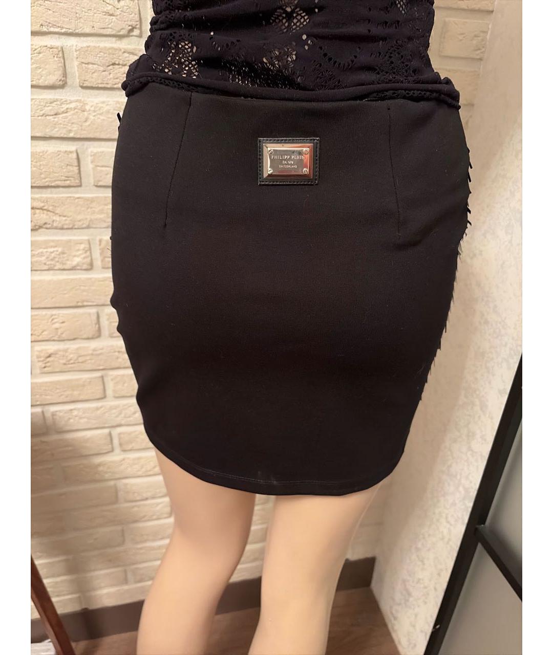 PHILIPP PLEIN Черная хлопко-эластановая юбка мини, фото 2