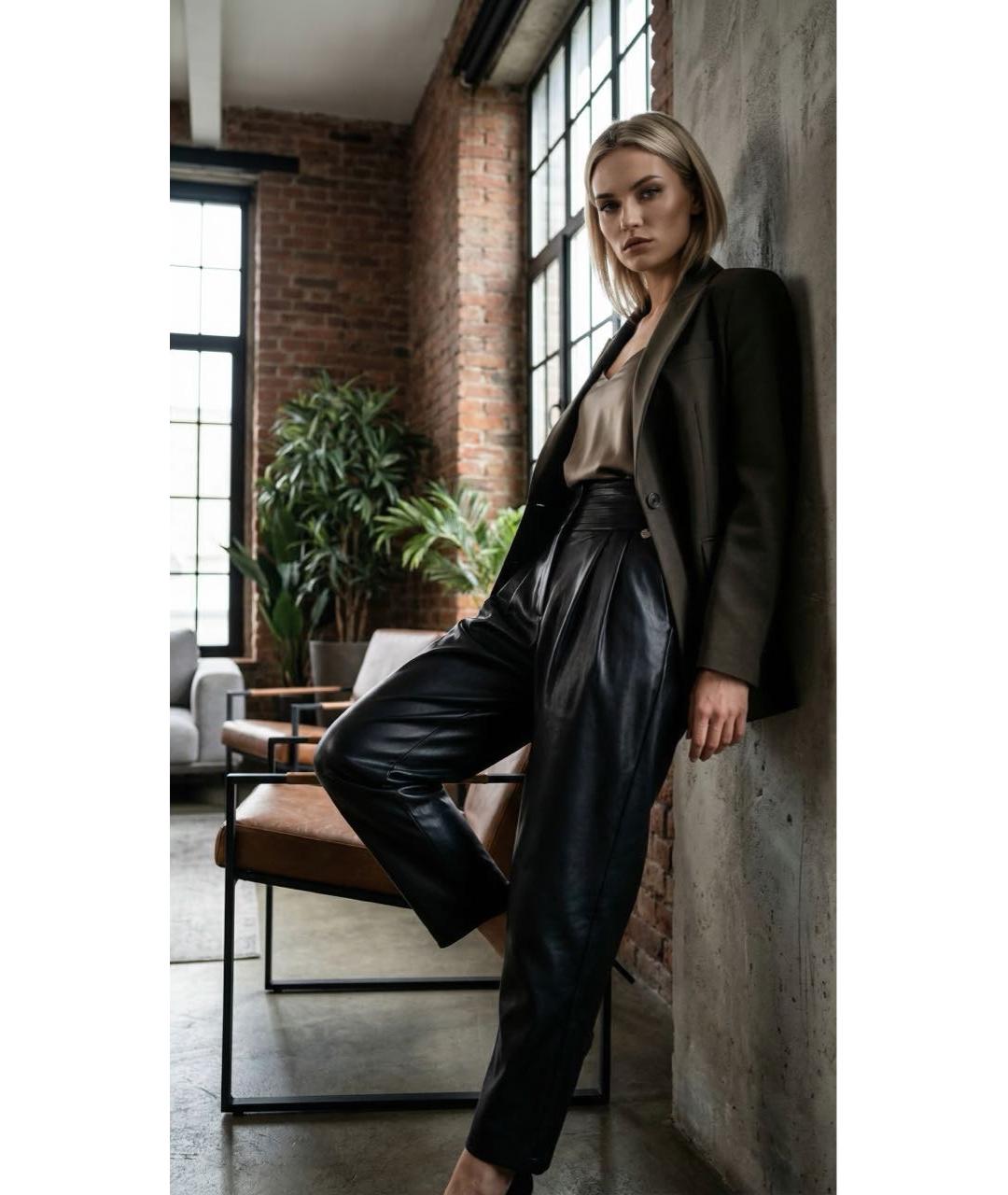 LE TWINS Черные прямые брюки из экзотической кожи, фото 5