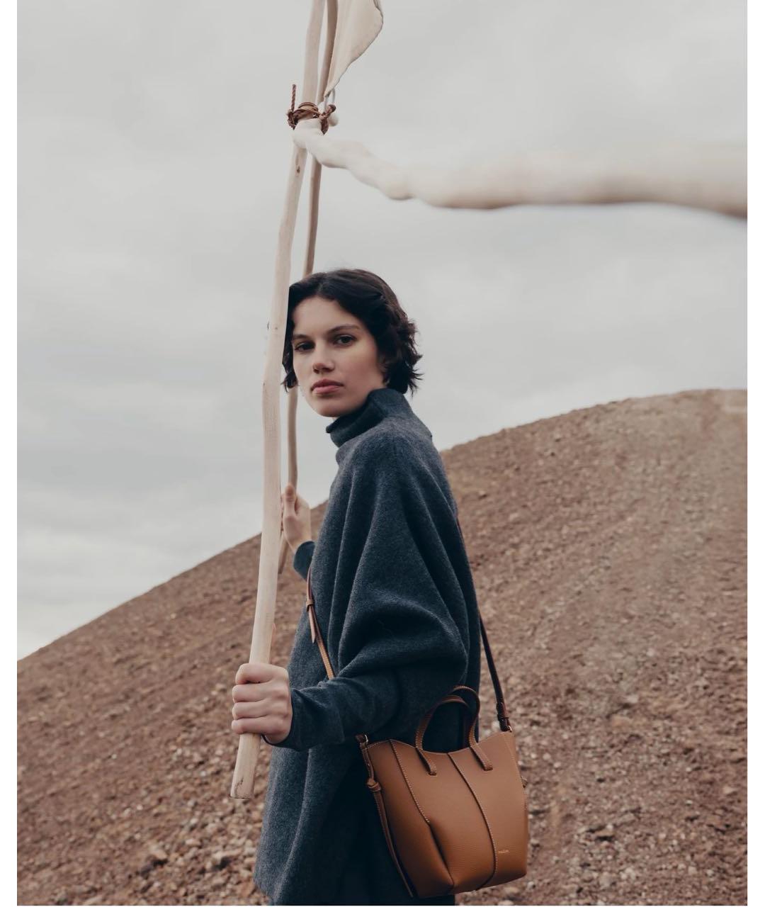 POLENE Коричневая кожаная сумка с короткими ручками, фото 4