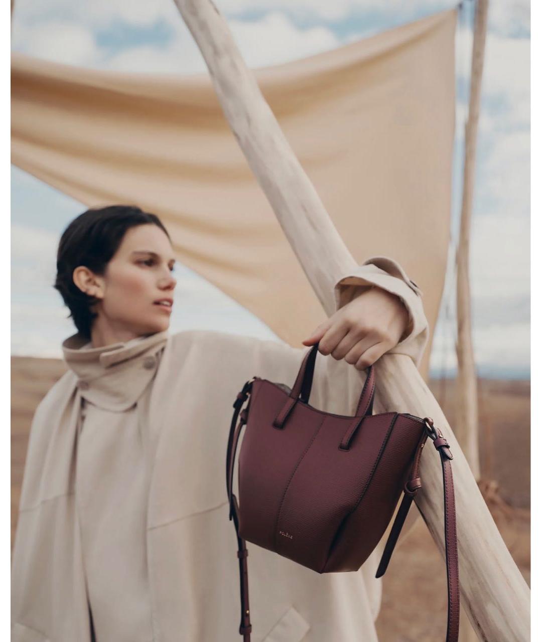 POLENE Бордовая кожаная сумка с короткими ручками, фото 3