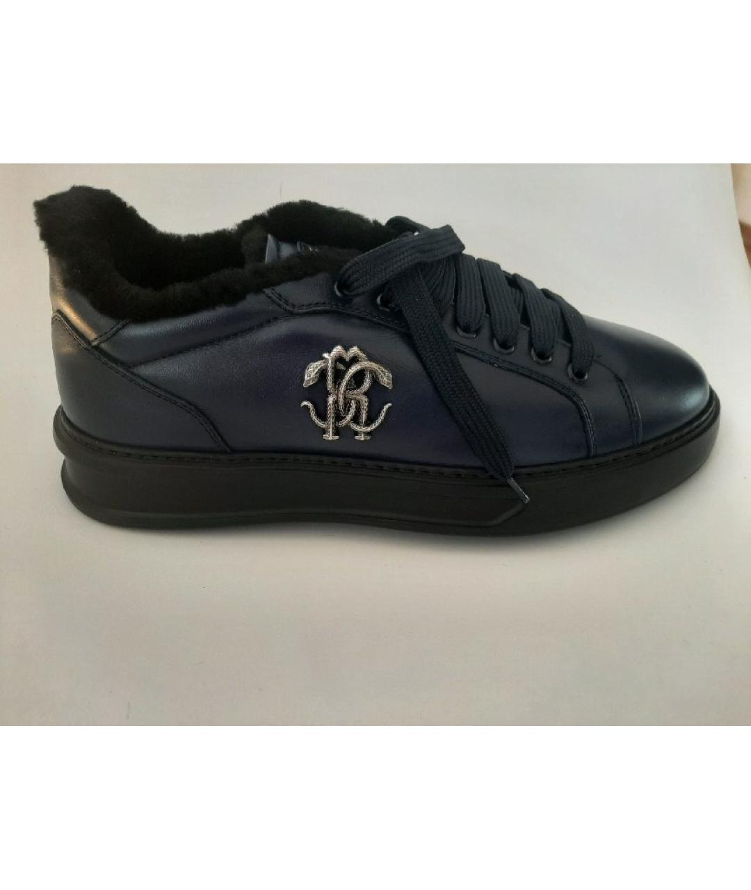 ROBERTO CAVALLI Темно-синие кожаные низкие кроссовки / кеды, фото 5