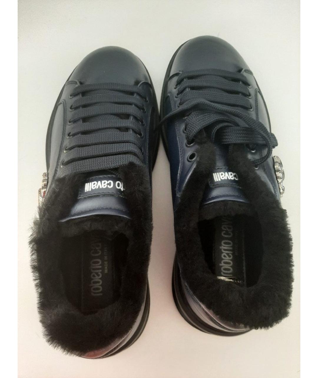 ROBERTO CAVALLI Темно-синие кожаные низкие кроссовки / кеды, фото 3