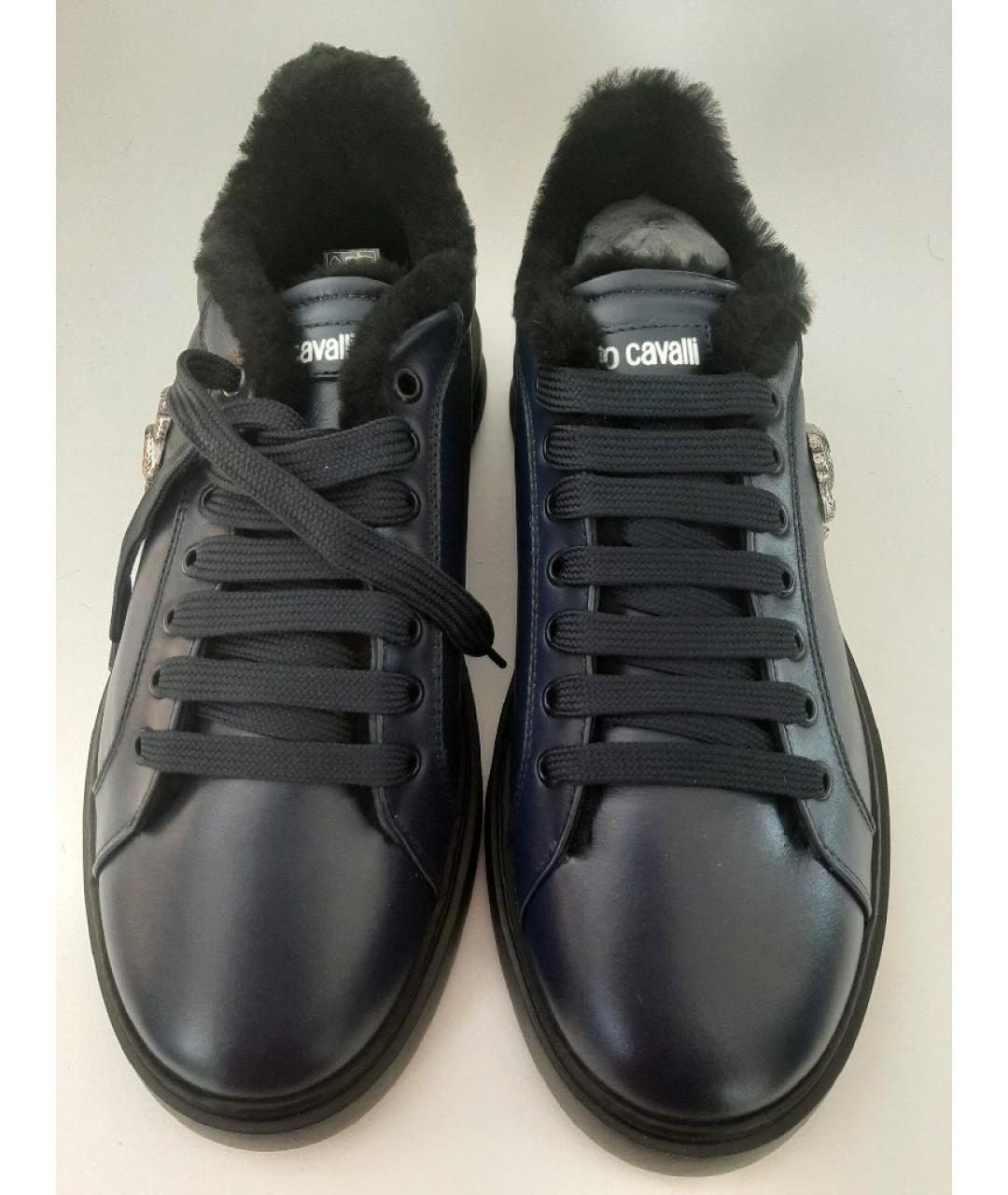 ROBERTO CAVALLI Темно-синие кожаные низкие кроссовки / кеды, фото 2