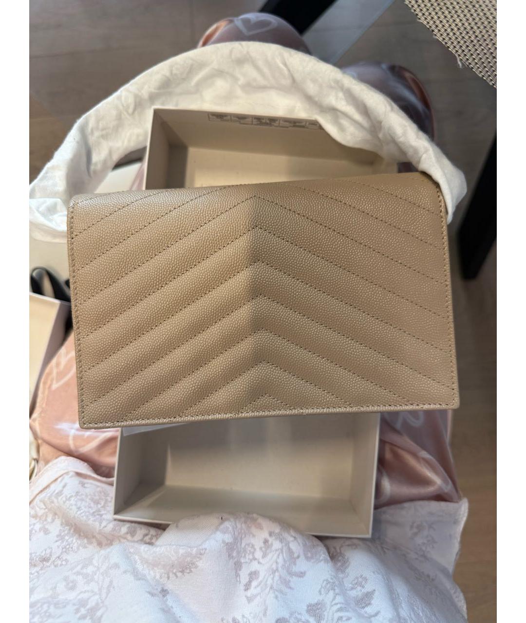 SAINT LAURENT Бежевая кожаная сумка через плечо, фото 3