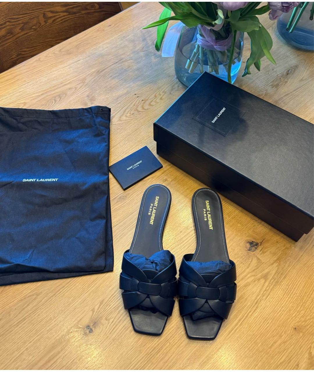 SAINT LAURENT Черные кожаные шлепанцы, фото 2