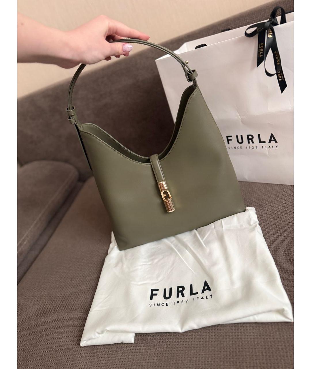 FURLA Хаки кожаная сумка с короткими ручками, фото 9