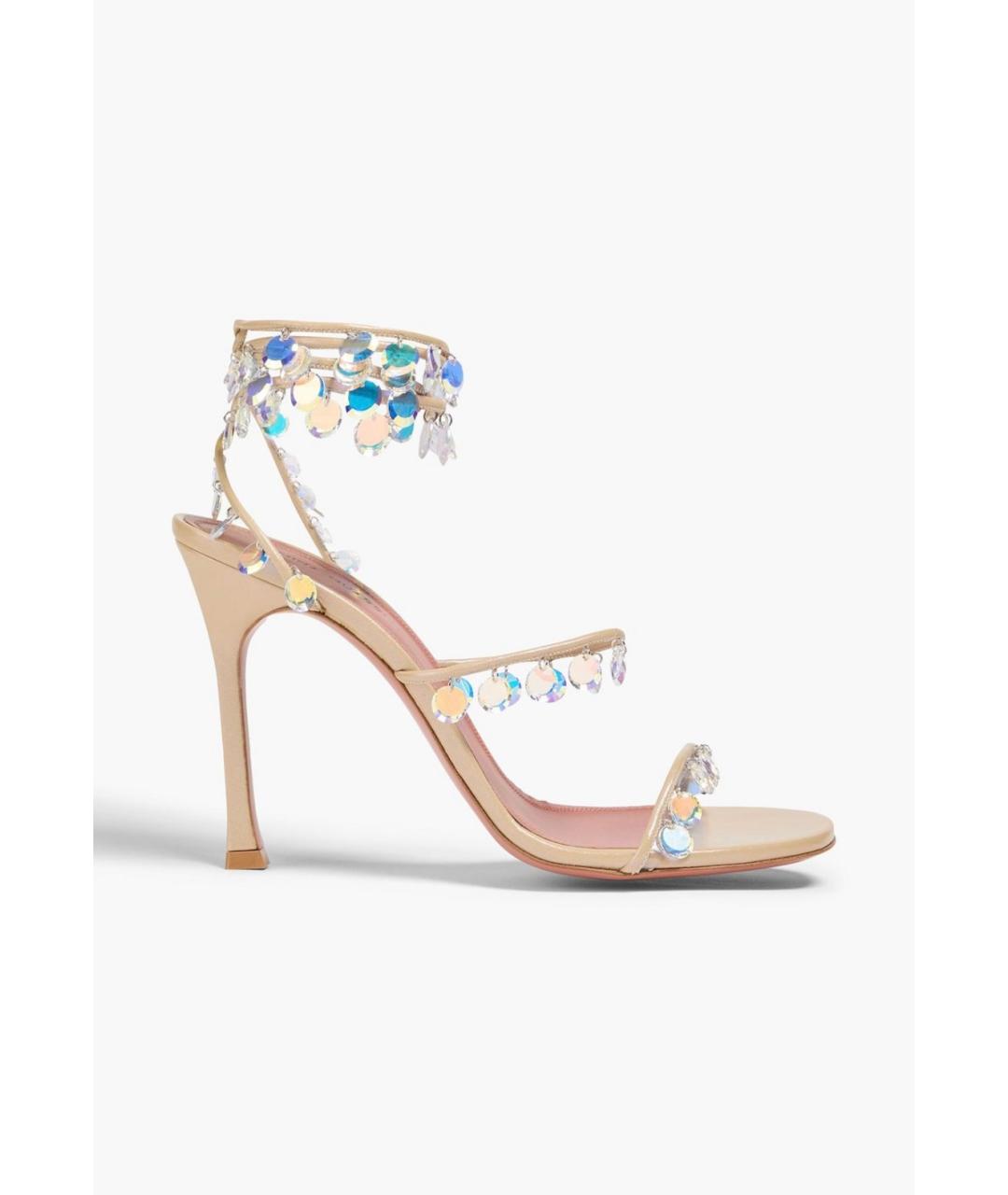 Amina Muaddi Бежевые кожаные босоножки, фото 5