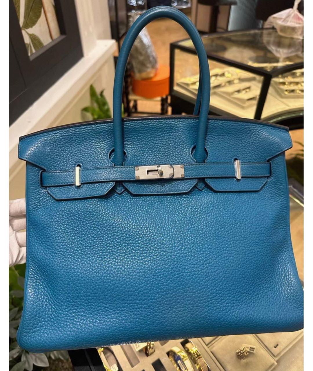 HERMES Голубая кожаная сумка с короткими ручками, фото 5
