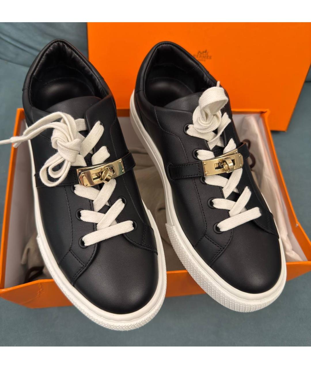 HERMES Черные кожаные кеды, фото 8