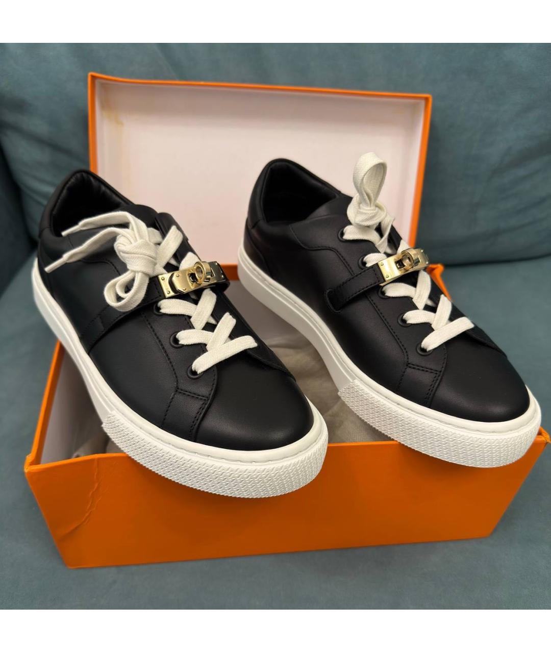 HERMES Черные кожаные кеды, фото 5