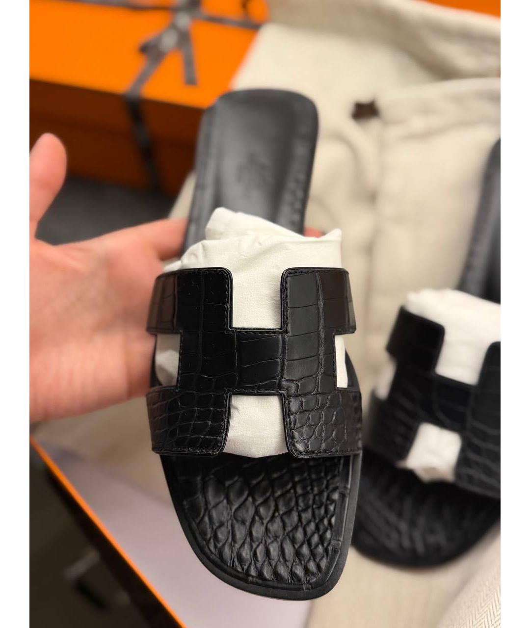 HERMES Черные кожаные шлепанцы, фото 3